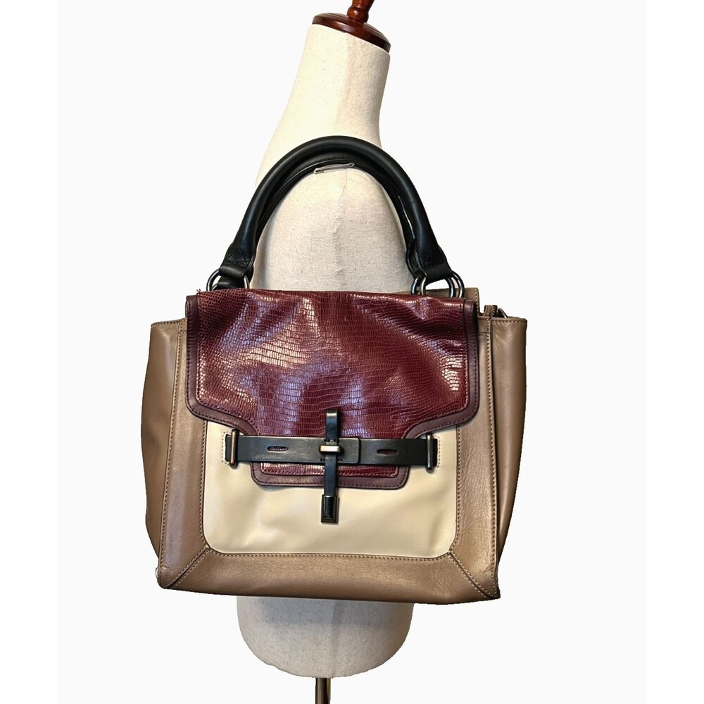 VINCE CAMUTO Genuine Leather Snakeskin Satchel Hand Bag Crossbody Purse Brown